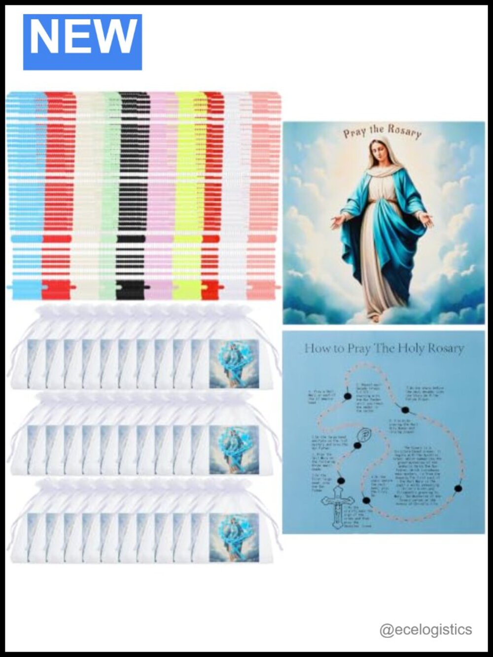 Plastic Rosary Cross Necklace Set with Prayer Card & Bag Religious Gift